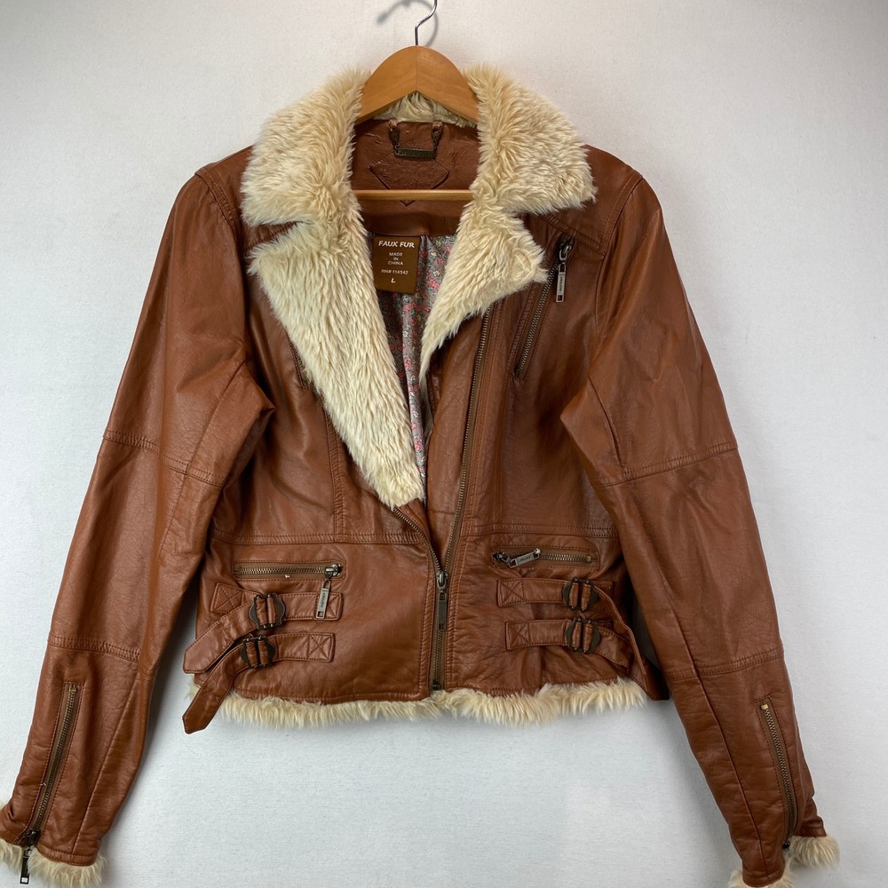 VTG Y2K Joujou Faux Leather Moto Jacket Womens L Brown Faux Fur Trim Biker Coat